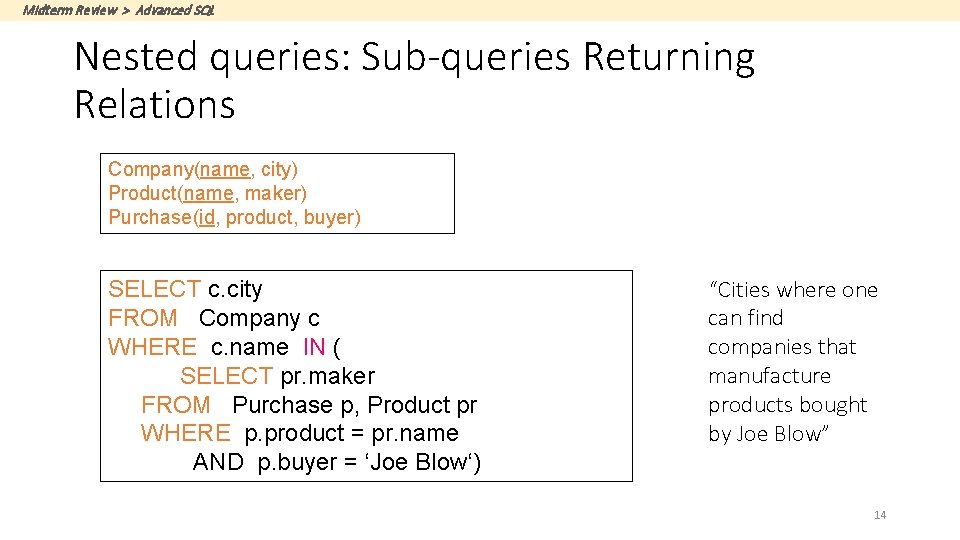 Midterm Review > Advanced SQL Nested queries: Sub-queries Returning Relations Company(name, city) Product(name, maker)