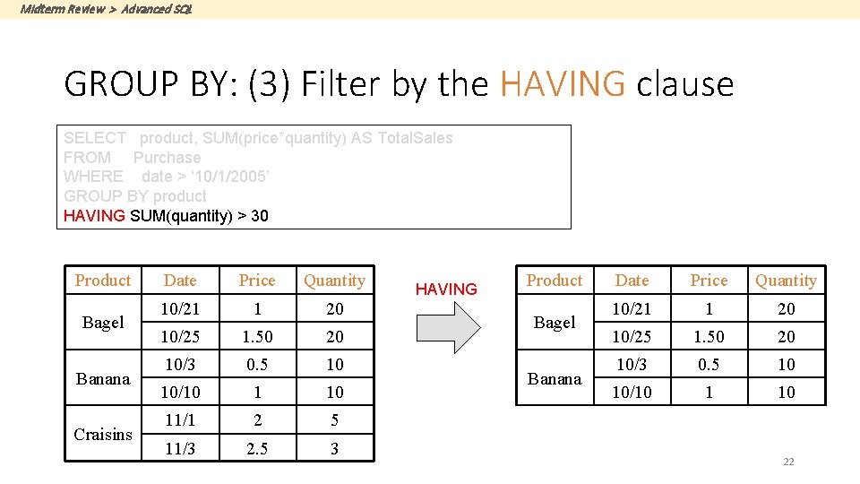 Midterm Review > Advanced SQL GROUP BY: (3) Filter by the HAVING clause SELECT