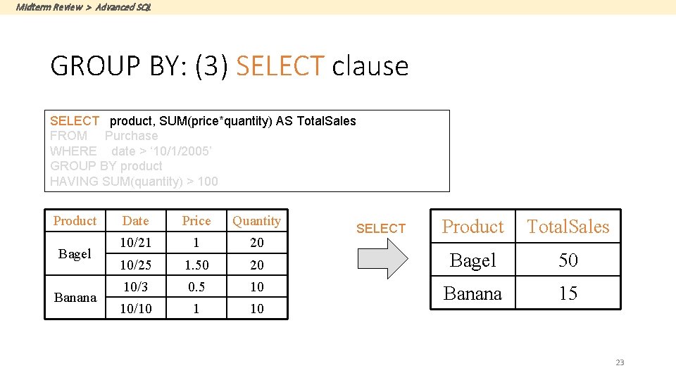 Midterm Review > Advanced SQL GROUP BY: (3) SELECT clause SELECT product, SUM(price*quantity) AS