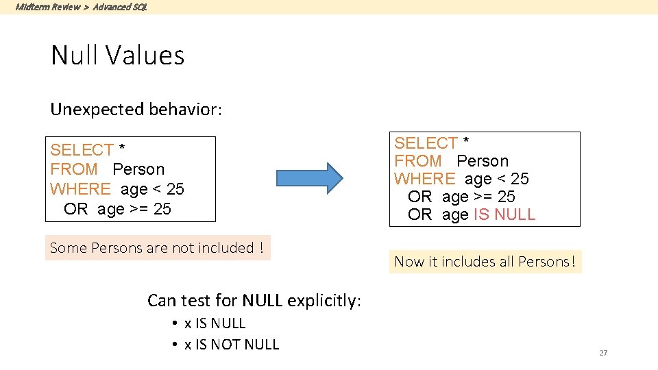 Midterm Review > Advanced SQL Null Values Unexpected behavior: SELECT * FROM Person WHERE