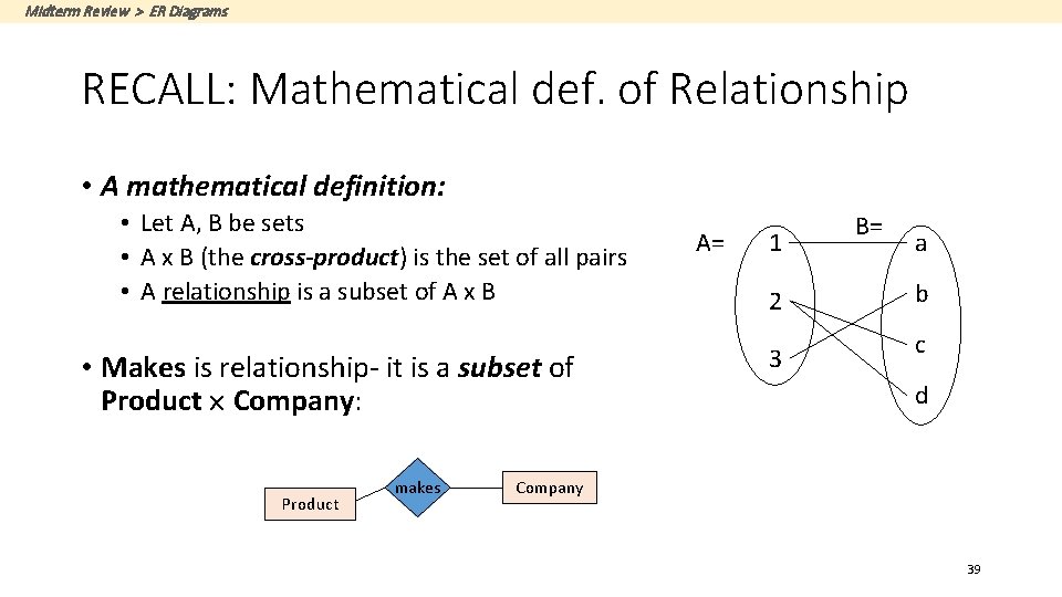 Midterm Review > ER Diagrams RECALL: Mathematical def. of Relationship • A mathematical definition: