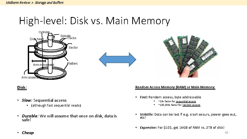 Midterm Review > Storage and Buffers High-level: Disk vs. Main Memory Cylinder Disk head