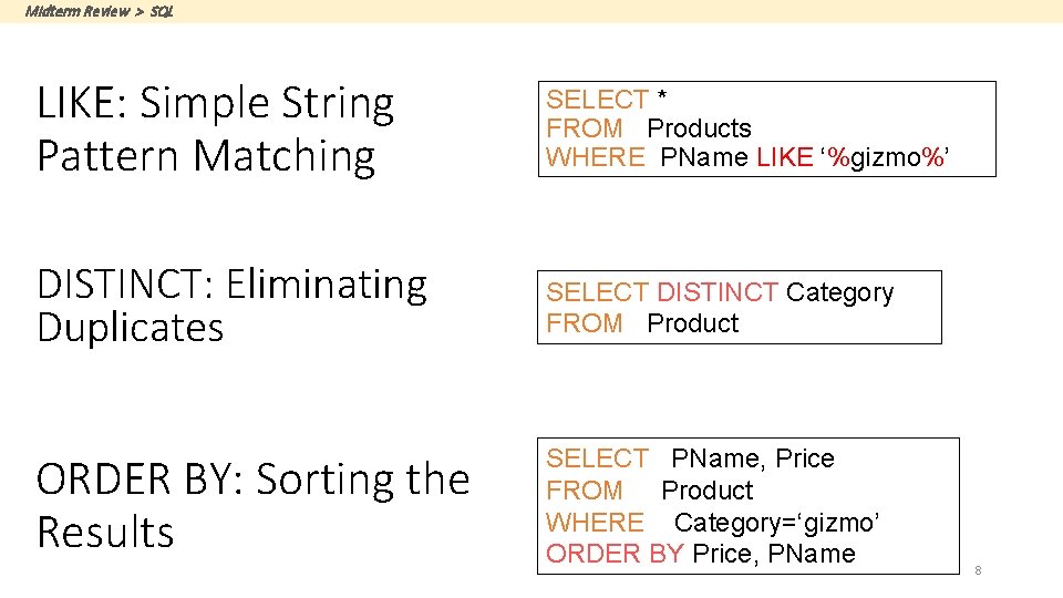 Midterm Review > SQL LIKE: Simple String Pattern Matching SELECT * FROM Products WHERE