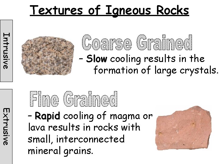 Textures of Igneous Rocks Intrusive – Slow cooling results in the formation of large