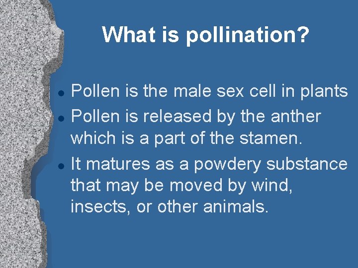 What is pollination? l l l Pollen is the male sex cell in plants