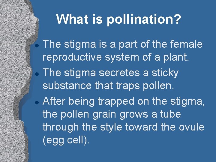 What is pollination? l l l The stigma is a part of the female