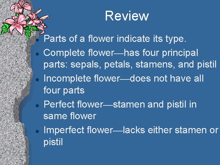 Review l l l Parts of a flower indicate its type. Complete flower—has four