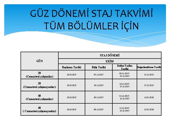 GÜZ DÖNEMİ STAJ TAKVİMİ TÜM BÖLÜMLER İÇİN STAJ DÖNEMİ GÜN EKİM Başlama Tarihi Bitiş