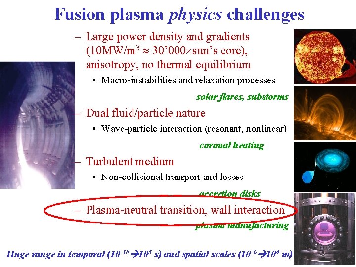 Fusion plasma physics challenges – Large power density and gradients (10 MW/m 3 30’