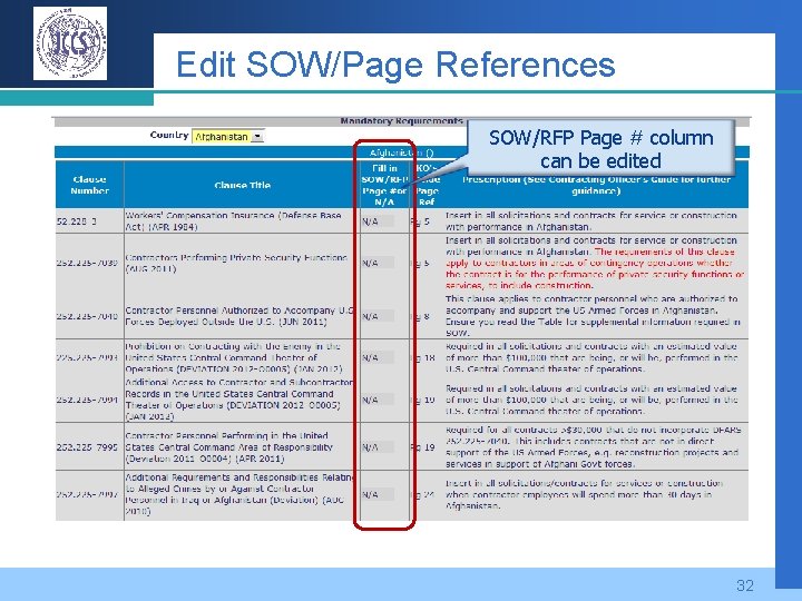Edit SOW/Page References SOW/RFP Page # column can be edited 32 