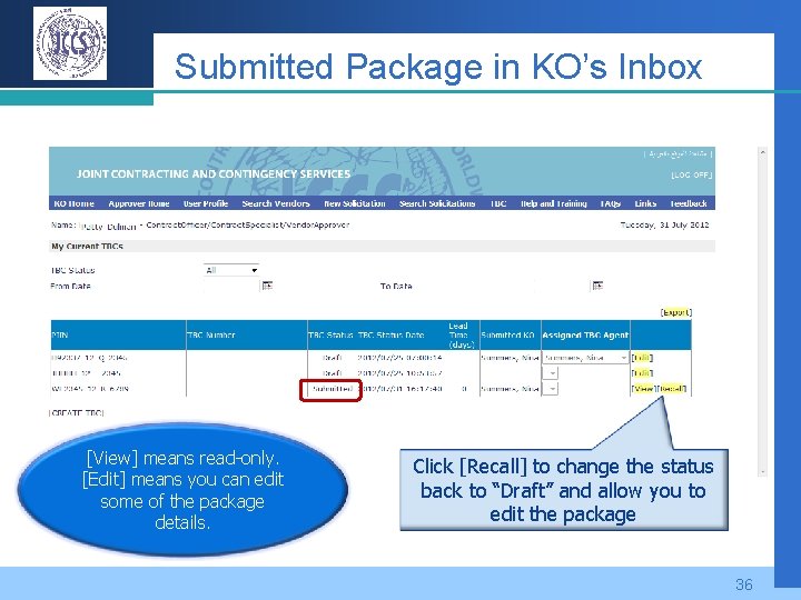 Submitted Package in KO’s Inbox [View] means read-only. [Edit] means you can edit some