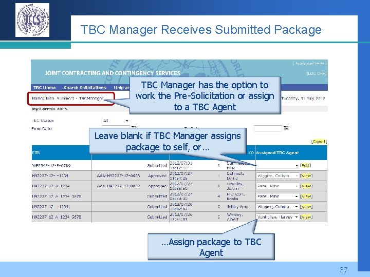 TBC Manager Receives Submitted Package TBC Manager has the option to work the Pre-Solicitation