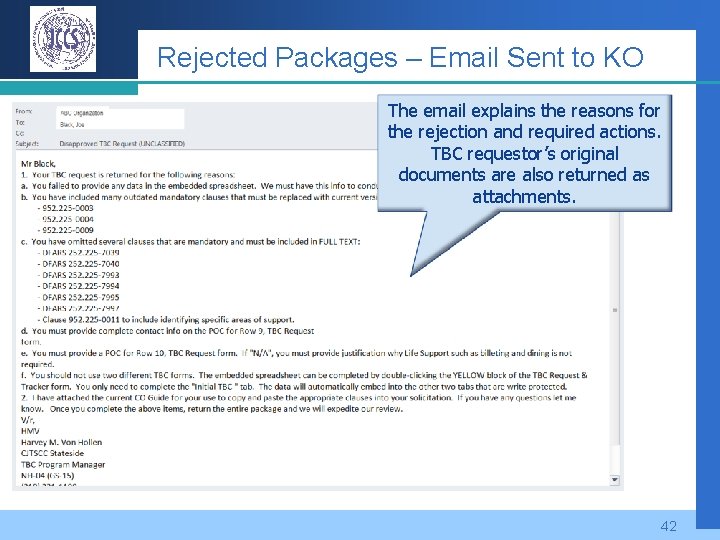 Rejected Packages – Email Sent to KO The email explains the reasons for the