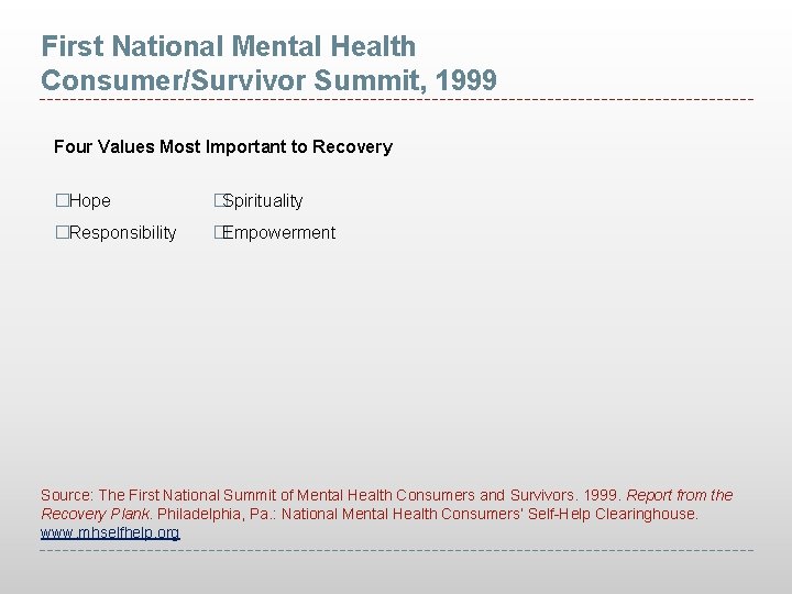 First National Mental Health Consumer/Survivor Summit, 1999 Four Values Most Important to Recovery �Hope