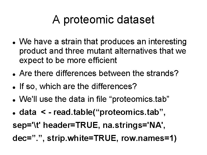 A proteomic dataset We have a strain that produces an interesting product and three