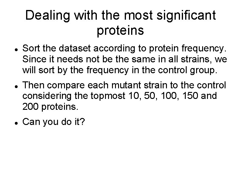 Dealing with the most significant proteins Sort the dataset according to protein frequency. Since