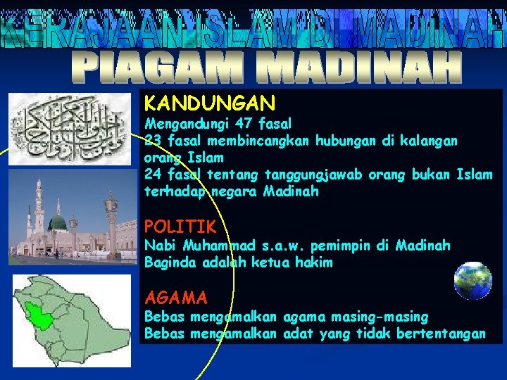 KANDUNGAN Mengandungi 47 fasal 23 fasal membincangkan hubungan di kalangan orang Islam 24 fasal