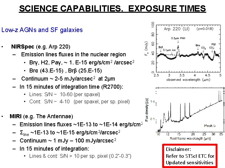 SCIENCE CAPABILITIES. EXPOSURE TIMES Low-z AGNs and SF galaxies • NIRSpec (e. g. Arp