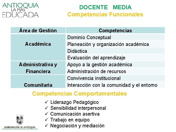 DOCENTE MEDIA Competencias Funcionales Área de Gestión Académica Administrativa y Financiera Comunitaria Competencias Dominio