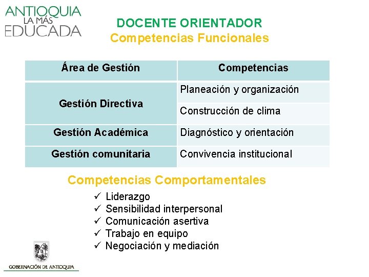 DOCENTE ORIENTADOR Competencias Funcionales Área de Gestión Competencias Gestión Directiva Planeación y organización Gestión