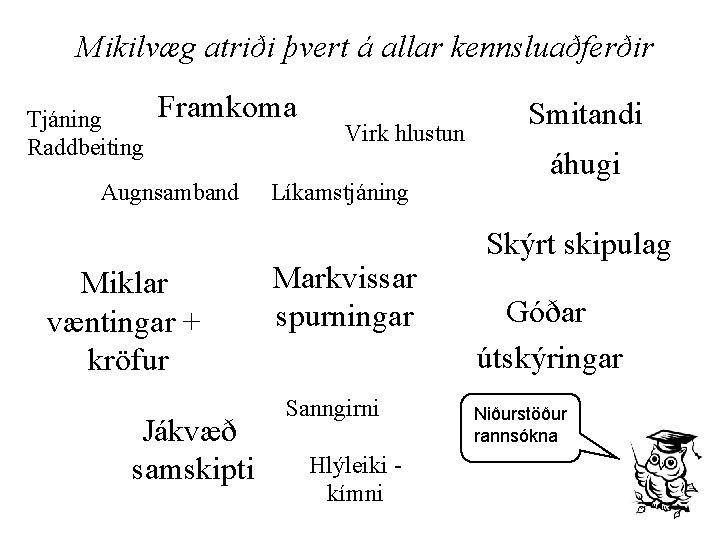 Mikilvæg atriði þvert á allar kennsluaðferðir Tjáning Raddbeiting Framkoma Augnsamband Miklar væntingar + kröfur