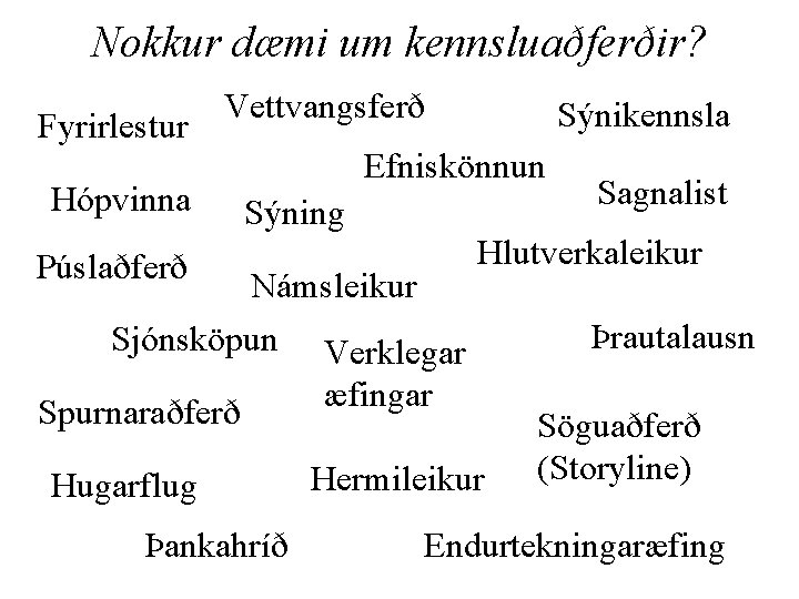 Nokkur dæmi um kennsluaðferðir? Fyrirlestur Vettvangsferð Hópvinna Sýnikennsla Efniskönnun Sýning Púslaðferð Námsleikur Sjónsköpun Verklegar