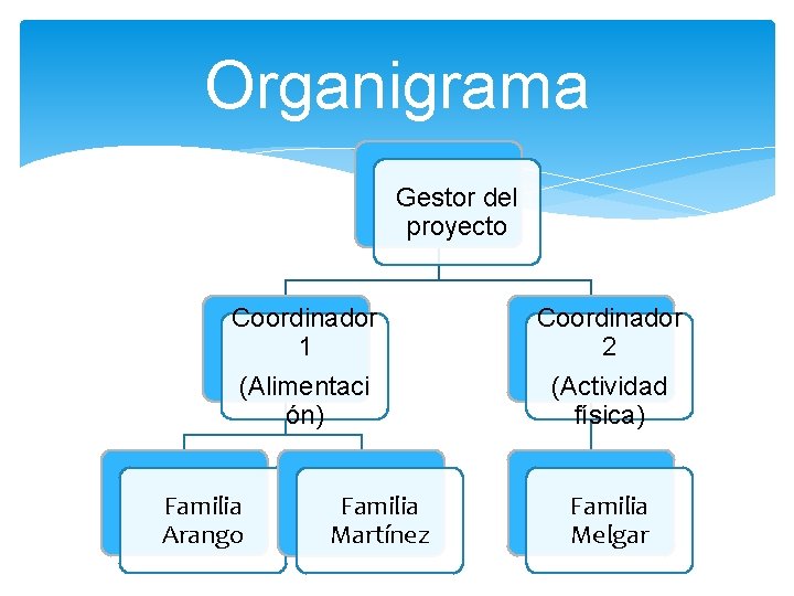 Organigrama Gestor del proyecto Coordinador 1 (Alimentaci ón) Familia Arango Familia Martínez Coordinador 2