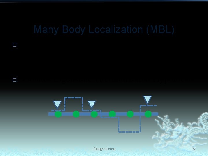 Many Body Localization (MBL) � � MBL system – many particles hopping on a