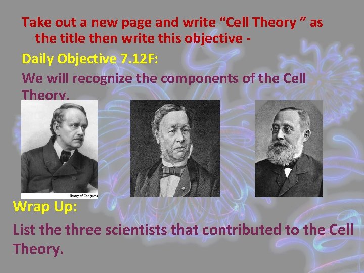 Take out a new page and write “Cell Theory ” as the title then