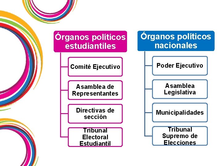 Órganos políticos estudiantiles Órganos políticos nacionales Comité Ejecutivo Poder Ejecutivo Asamblea de Representantes Asamblea