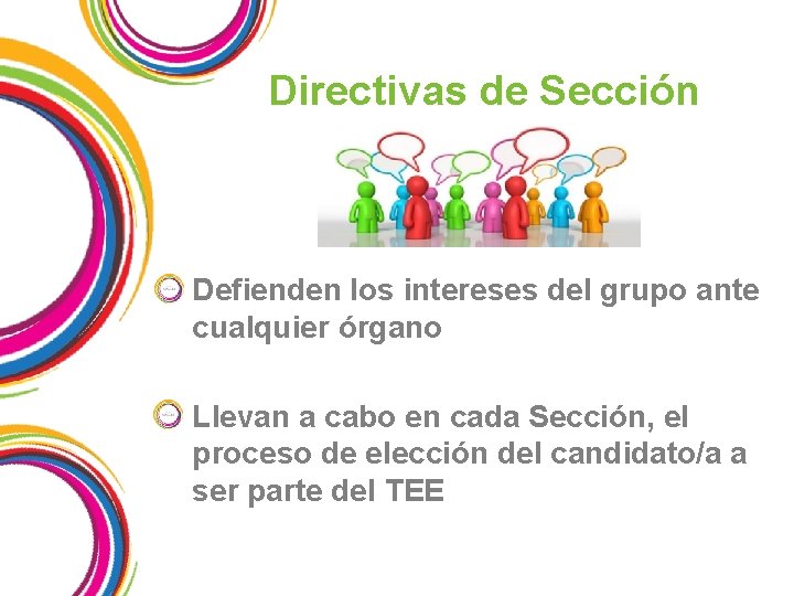 Directivas de Sección Defienden los intereses del grupo ante cualquier órgano Llevan a cabo