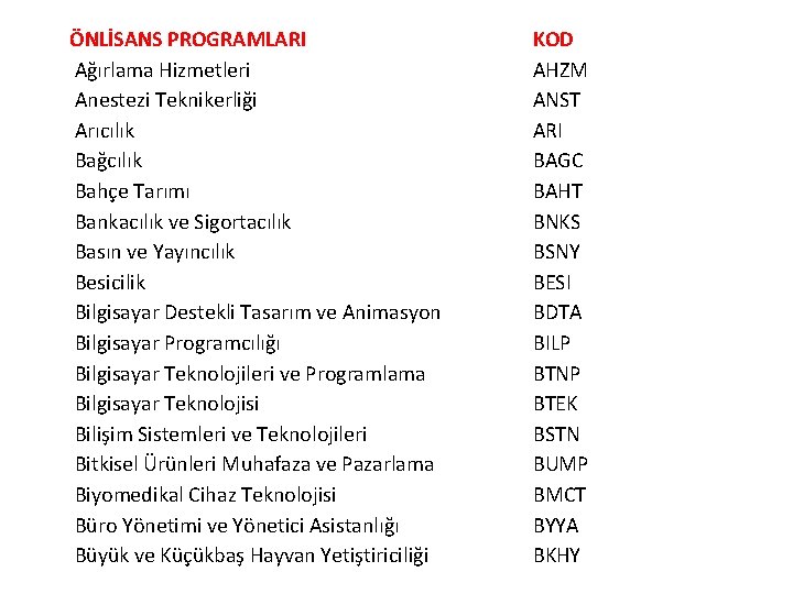 ÖNLİSANS PROGRAMLARI Ağırlama Hizmetleri Anestezi Teknikerliği Arıcılık Bağcılık Bahçe Tarımı Bankacılık ve Sigortacılık Basın