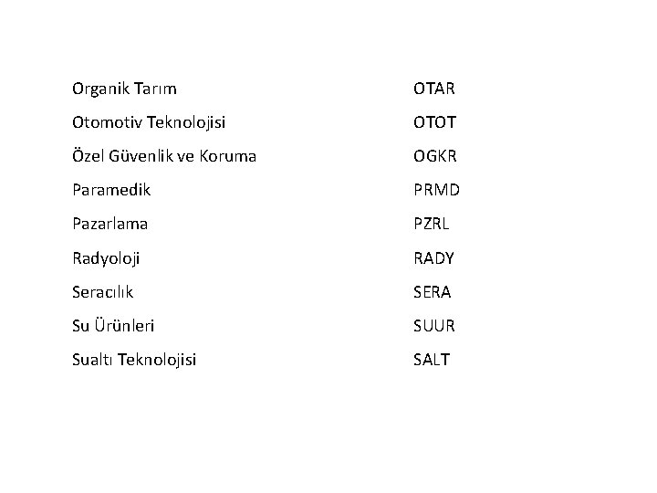 Organik Tarım OTAR Otomotiv Teknolojisi OTOT Özel Güvenlik ve Koruma OGKR Paramedik PRMD