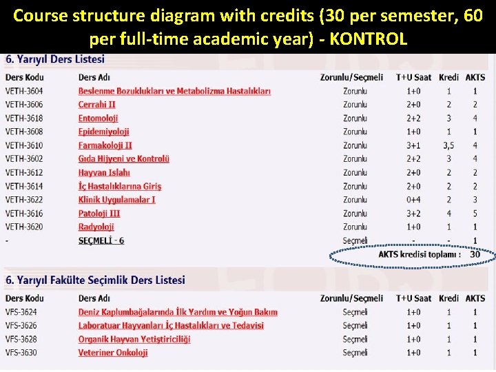 Course structure diagram with credits (30 per semester, 60 per full-time academic year) -