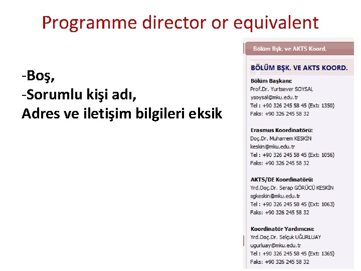 Programme director or equivalent -Boş, -Sorumlu kişi adı, Adres ve iletişim bilgileri eksik 