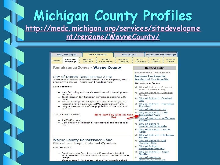 Michigan County Profiles http: //medc. michigan. org/services/sitedevelopme nt/renzone/Wayne. County/ 