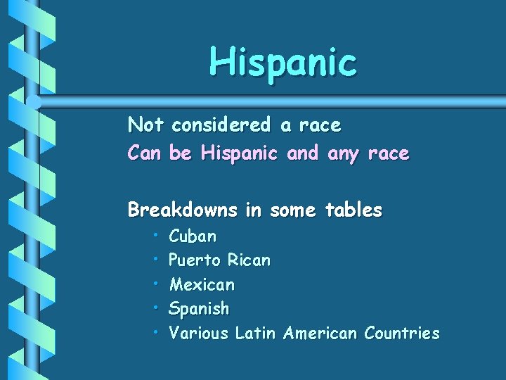 Hispanic Not considered a race Can be Hispanic and any race Breakdowns in some