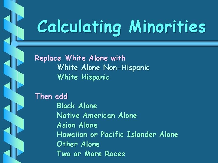 Calculating Minorities Replace White Alone with White Alone Non-Hispanic White Hispanic Then add Black