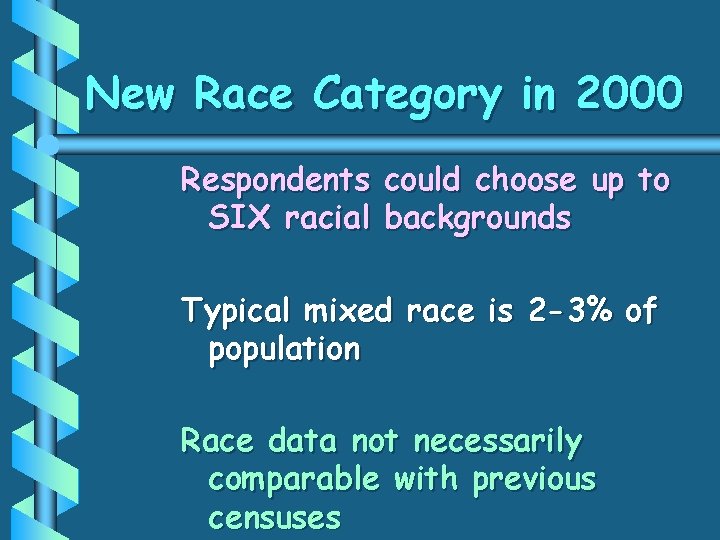New Race Category in 2000 Respondents could choose up to SIX racial backgrounds Typical