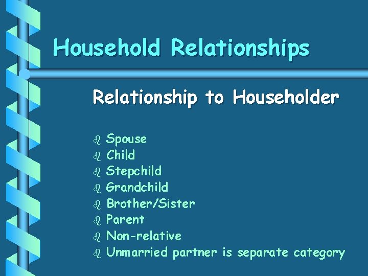 Household Relationships Relationship to Householder b b b b Spouse Child Stepchild Grandchild Brother/Sister