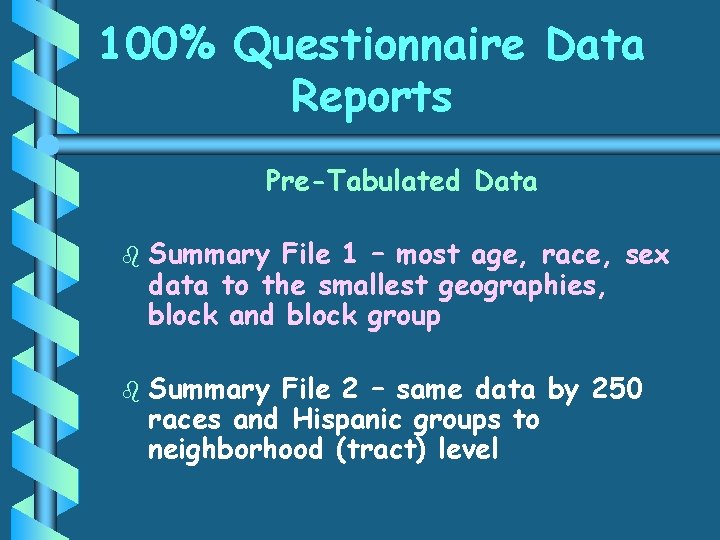 100% Questionnaire Data Reports Pre-Tabulated Data b b Summary File 1 – most age,