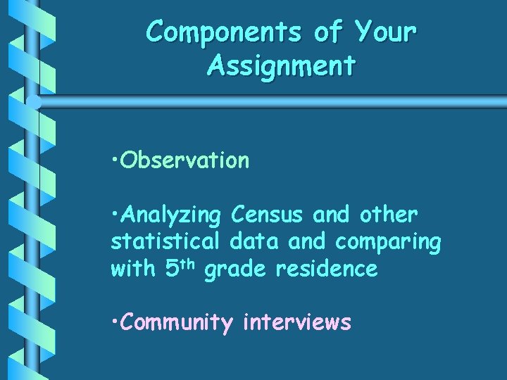 Components of Your Assignment • Observation • Analyzing Census and other statistical data and