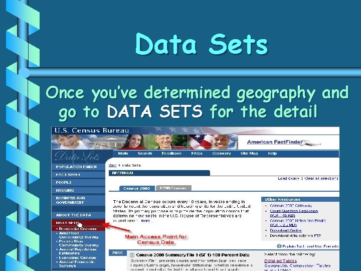 Data Sets Once you’ve determined geography and go to DATA SETS for the detail