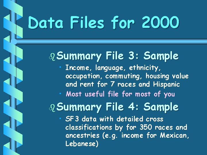 Data Files for 2000 b Summary File 3: Sample b Summary File 4: Sample