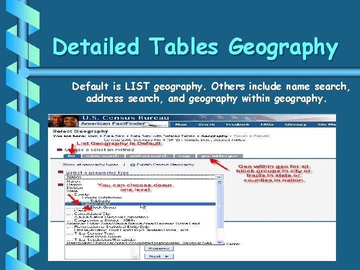 Detailed Tables Geography Default is LIST geography. Others include name search, address search, and