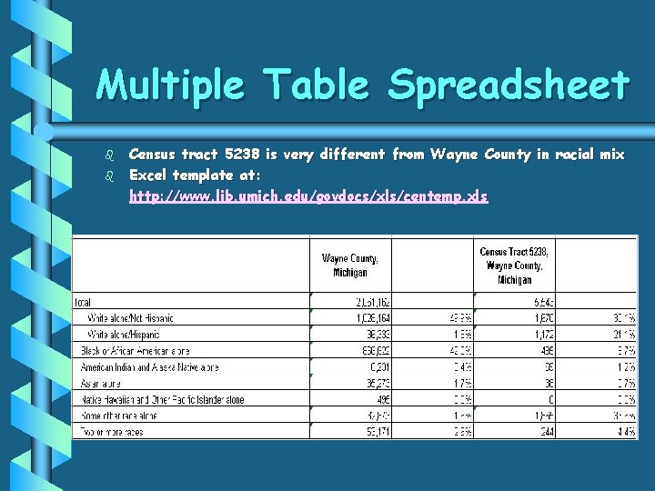 Multiple Table Spreadsheet b b Census tract 5238 is very different from Wayne County