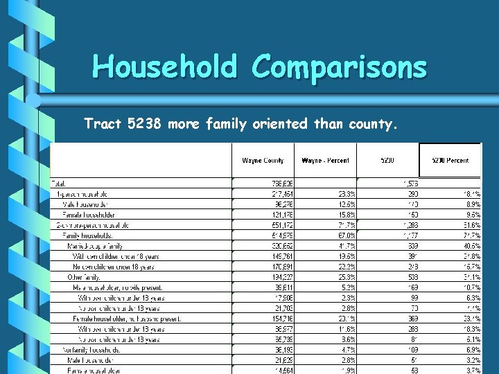 Household Comparisons Tract 5238 more family oriented than county. 