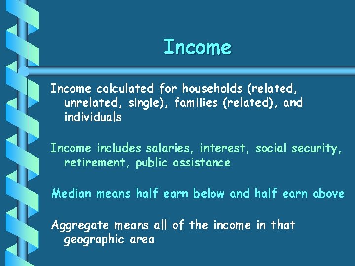 Income calculated for households (related, unrelated, single), families (related), and individuals Income includes salaries,