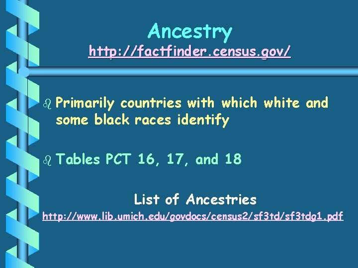 Ancestry http: //factfinder. census. gov/ b b Primarily countries with which white and some