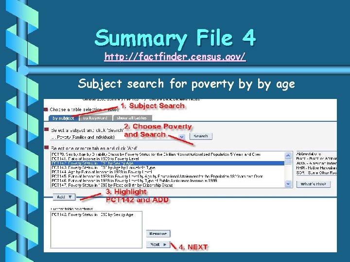 Summary File 4 http: //factfinder. census. gov/ Subject search for poverty by by age